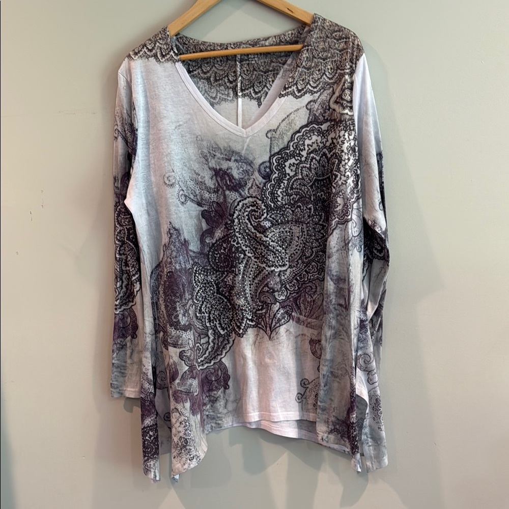 Essentials by Milano | Paisley Long Sleeve Blouse w/ Crystal Embellishments